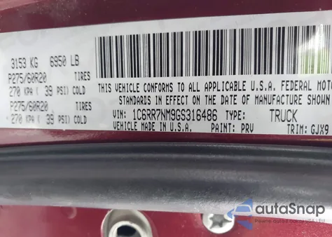 2016 Ram 1500 Laramie z USA, uszkodzony, nr VIN 1C6RR7NM9GS316486